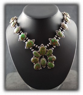 Navajo Indian Silver Jewelry - Green Turquoise Navajo Silver Necklace