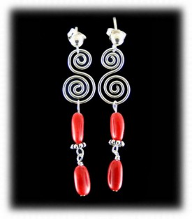 Silver with Coral Dangle Bead Earrings