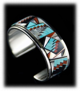 Turquoise, Coral and MOP inlay bracelet by Native American Artist Tommy Jackson