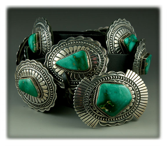 Native American handmade Sterling Silver concho belt with natural Broken Arrow variscite from Nevada.