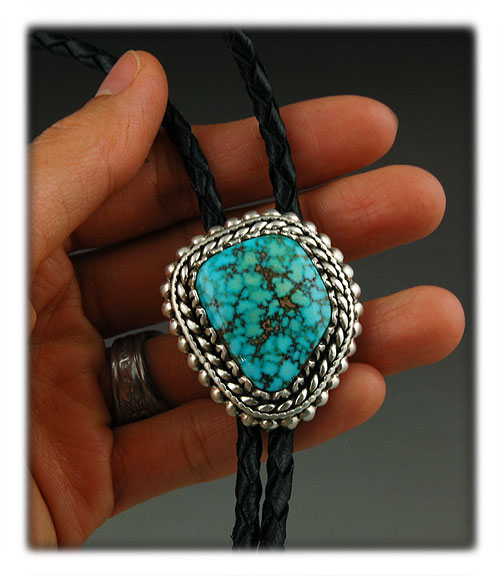 Spiderweb Natural Kingman Turquoise from Arizona in a Sterling Silver bolo tie.