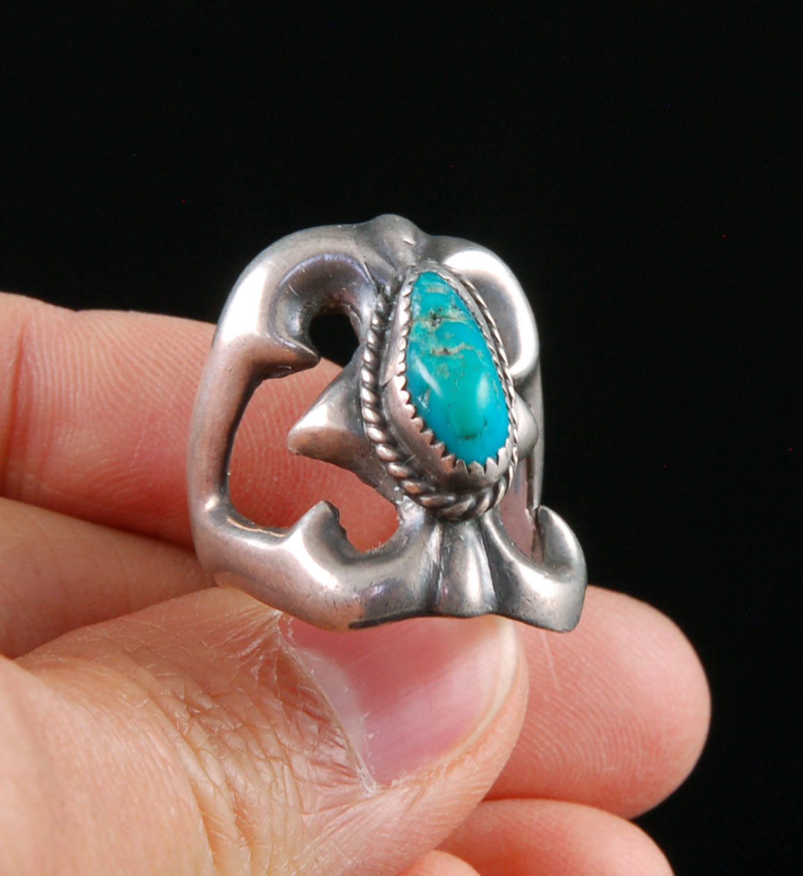 Sandcast Sterling Silver ring with Stabilized Kingman Turquoise from Arizona