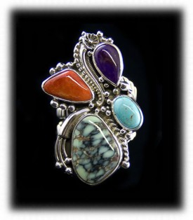 Four Stone Women's Turquoise Ring with Tortoise Turquoise, Sleeping Beauty, Spiny Oysster, and Sugilite