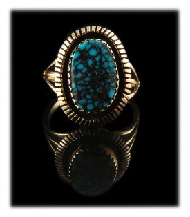 Artisan Handmade Sterling Silver and natural spiderweb Paiute Turquoise Ring in a 14k yellow gold ring setting