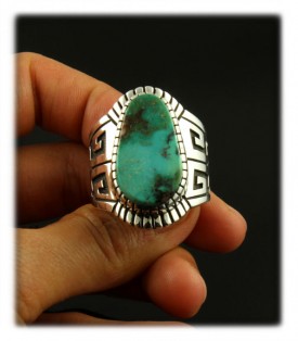 Native American handmade Sterling Silver cocktail ring with green Bisbee Turquoise by Alton Bedonie