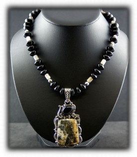 Bead Necklace with Black Onyx and High Grade Silver Ore