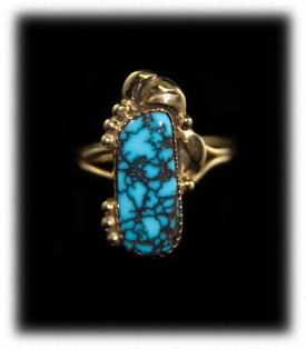 Ladies Gold Ring with Blue Wind Spiderweb Turquoise