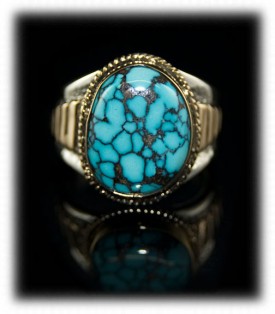 Silver and Gold Mens Ring with Blue Wind Spiderweb Turquoise