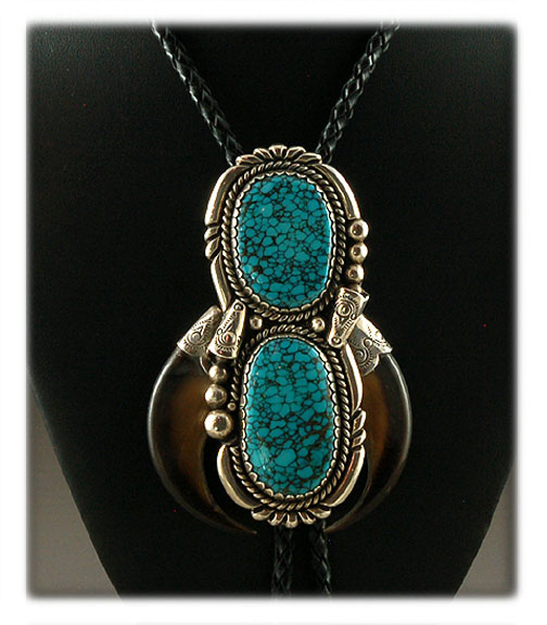 Natural Blue Wind Turquoise and Bear Claw Bolo Tie by John Hartman