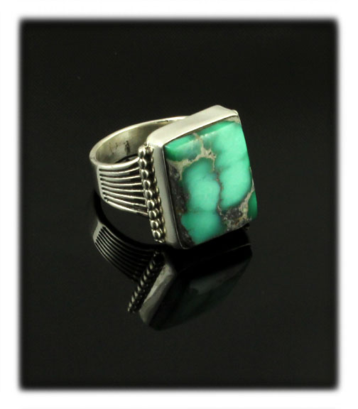 Green Broken Arrow Cocktail ring by John Hartman of Durango Silver Company, this is a great example of our handmade silver turquoise rings