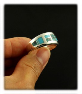 Inlay wedding ring with Sleeping Beauty Turquoise and Spiderweb Turquoise