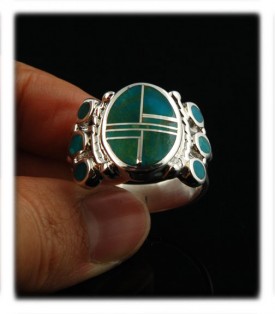 A beautiful inlay band with deep blue green Kingman Turquoise from Arizona