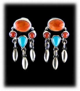 Coral, Spiny and Turquoise Silver Earrings