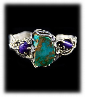 Blue Gem Turquoise with Sugilite Sterling Silver Bracelet