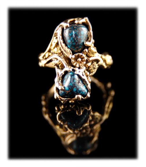 gold ring with Lander Blue Spiderweb Turquoise Cabochons