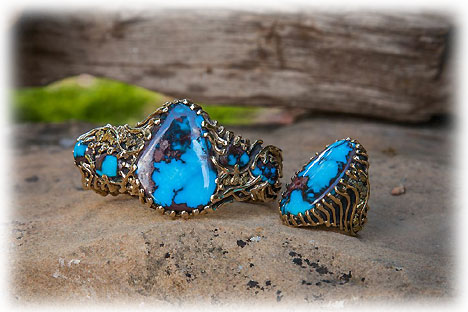 Gold and Bisbee Turquoise Ring and Bracelet set