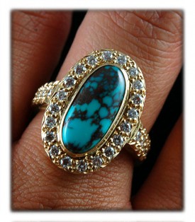 Handmade 18k yellow gold  and Bisbee Turquoise Ring with Diamonds