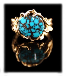 Take a look at this American handmade 14k yellow gold and top gem grade natural Blue Wind Turquoise Victorian ring