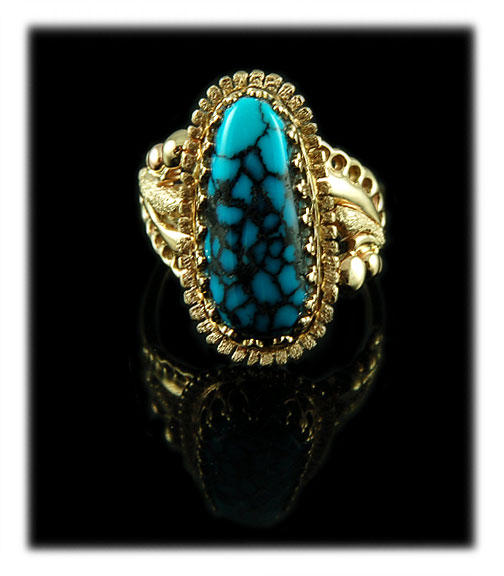 Gold Heirloom Turquoise Jewelry with spiderweb Blue Wind Turquoise
