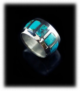 American Jewelry Artisan Handmade Inlaid Turquoise Ring with Black Onyx and Red Coral