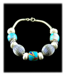 Blue Turquoise and Silver Bead Bracelet - Inlaid Turquoise