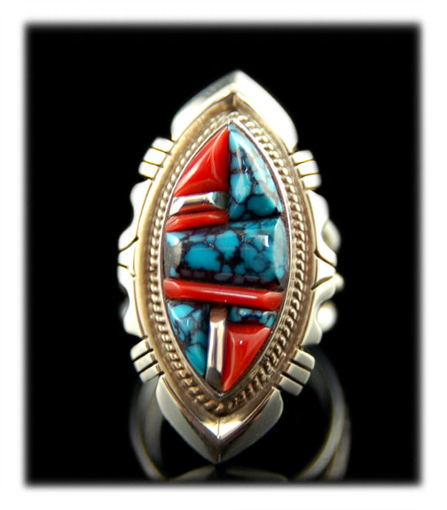 Genuine Turquoise & Coral Inlay Sword Rings ~ New ~ 1980's ~ Size 8.5  ~ TT-18 ~ 