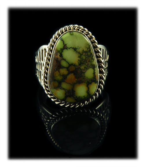 Lime Green Damele Spiderweb Turquoise Cabochon Silver Ring