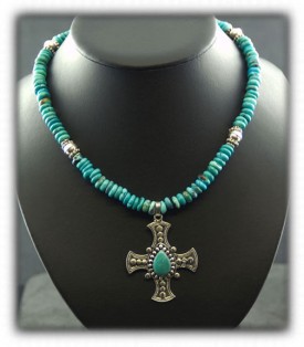 Mens Cross Necklace on Turquoise Beads