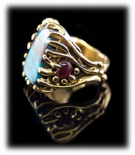 Side View - Natural Mens Turquoise Ring with Bisbee and Burmese Rubies in 14k yellow gold