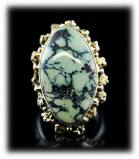 Tortoise Turquoise Silver and Gold Ring with Gold Nuggets