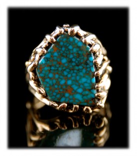 Shown here is a one of a kind ultra high grade Red Mountain Turquoise Gold Ring for Men by John Hartman of Durango Colorado