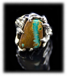 Pictured here is a fancy Lost wax style Boulder Turquoise Ring by Crystal Hartman of Durango, Colorado USA which is of a signature style for the artist.