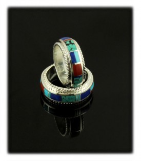Inlay wedding rings with coral, turquoise, and lapis lazuli