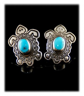 Silver Turquoise Post Earrings - Silver Turtles with Kingman Turquoise