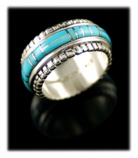  Hand crafted and inlaid Sterling Silver ring with genuine Sleeping Beauty Turquoise from Globe, Arizona USA