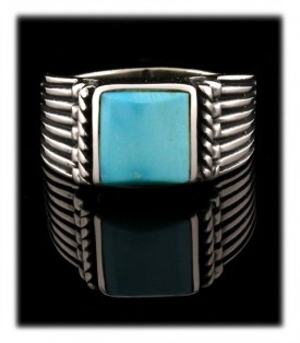 Art Deco styler Sterling Silver band ring with a square  Sleeping Beauty Turquoise gemstone