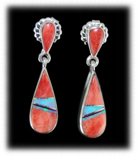 Spiny Oyster with Turquoise Inlay Earrings - Zuni Handcrafted