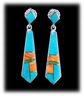 Spiny Oyster and Turquoise Zuni Inlaid Earrings