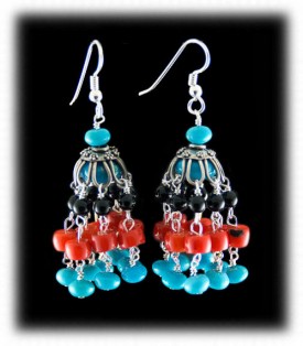 Coral, Onyx and Turquoise Beaded Earrings