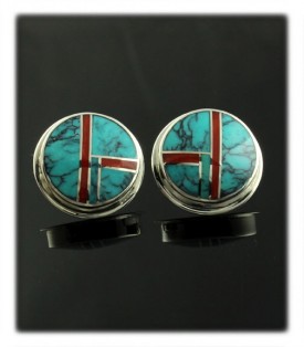 Turquoise and Coral Inlay Stud Earrings