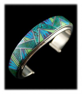 Native American Inlay Bracelet in Turquoise and Green Gaspeite