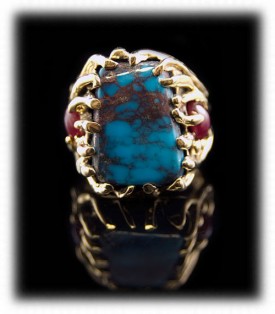 Gold Lost Wax Ring with Bisbee Turquoise and Rubies