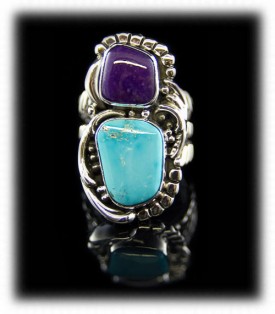 American Handmade double stone  sterling silver dinner ring with Morenci Turquoise and Sugilite by John Hartman