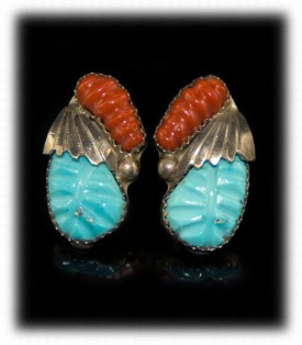 Vintage Coral and Turquoise Earrings- Zuni