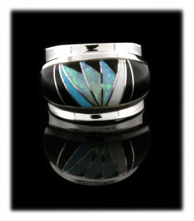 wide inlay band ring with feather design