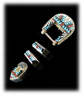 Native American Indian Silver Jewelry - Inlaid Silver Buckle Set