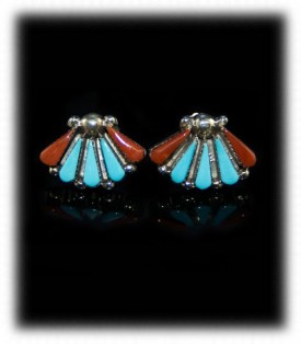 Zuni Coral and Turquoise Stud Earrings